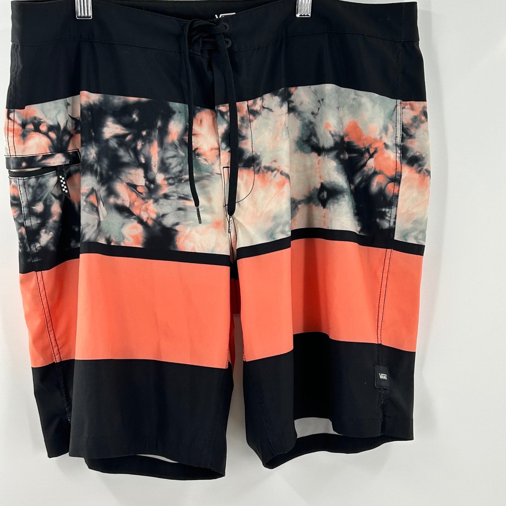 Vans Mens Board Shorts Size 36 Black Orange Tie Dye Striped Swim Trunks Pocket